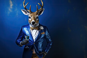 The Blue Deer - A Fashionable Reindeer with a Golden Antler and a Blue Suit