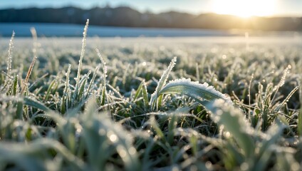 Frost-covered grass under the early winter sun. generative AI - obrazy, fototapety, plakaty