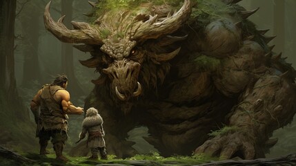 two people standing next to an incredible monster. Digital concept, illustration painting.