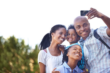 Happy black family, selfie and photography in nature for hiking, bonding or outdoor photo together....
