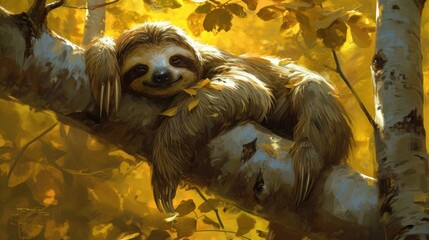 A sloth is sitting on a tree branch in the woods, AI