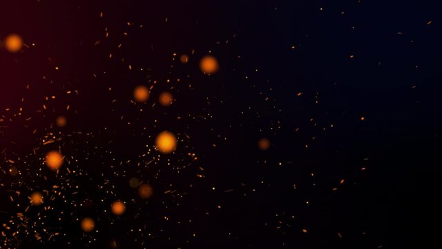 Glowing orange realistic fire sparks fly in the black night sky. Abstract background on the theme of firestorm, burning hell and fire. Hot particles swirling in the dark, seamless loop 4K animation