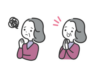 喜んでいるシニア女性と困っているシニア女性のセットイラスト