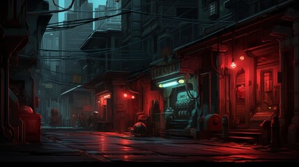 The street of the night city with gloomy red lighting. Digital concept, illustration painting.