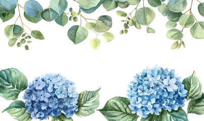 Watercolour set of Hydrangea flowers and eucalypts isolate on white background - obrazy, fototapety, plakaty