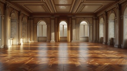 Fototapeta na wymiar Late afternoon sunlight casts a warm glow in an elegant hall with ornate wooden floors and classical architecture.