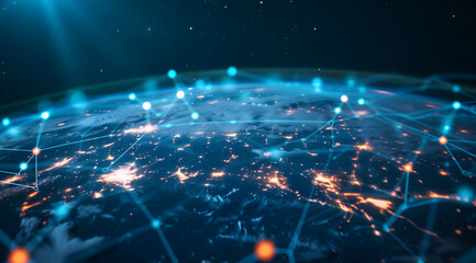 Illustration of global network connections and communication technology for internet business and telecommunication, featuring earth connector, earth map, and a 3D globe with an electronic network.