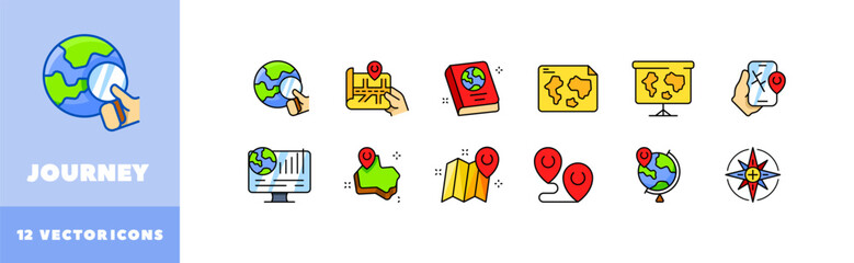 Journey icon set. Flat style. Vector icons