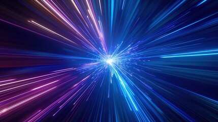 Dynamic representation of hyperspace travel with a blue light burst in a tunnel effect, conveying motion and speed in space.