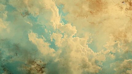 Obraz na płótnie Canvas Vintage-styled image of a vast cloudscape, with fluffy white clouds against a textured turquoise and brown backdrop, evoking a nostalgic feel.