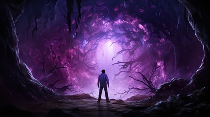 The silhouette of a guy in a mysterious cave with a bright purple glow. Digital concept, illustration painting.
