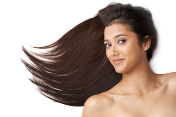 Hair care, woman and portrait or wind in studio with keratin treatment, soft texture and shampoo or...