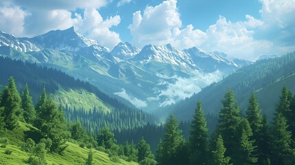 Fototapeta premium A serene view of a verdant mountain forest under a clear blue sky, with majestic snow-capped peaks and low-hanging clouds in the background.