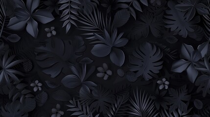 Monochromatic vector background with scattered abstract black leaves, flowers and other botanical elements. Random cutout dark tropical foliage collage, ornamental texture, cute decorative pattern - obrazy, fototapety, plakaty