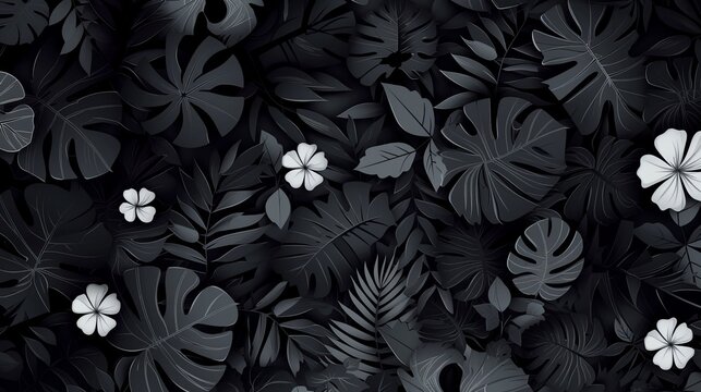 Monochromatic vector background with scattered abstract black leaves.