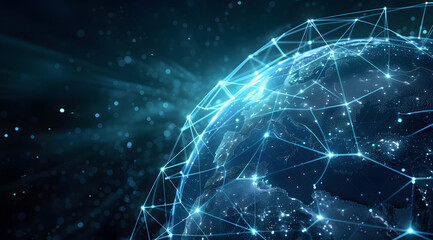 Naklejka na ściany i meble Illustration of global network connections and communication technology for internet business and telecommunication, featuring earth connector, earth map, and a 3D globe with an electronic network.