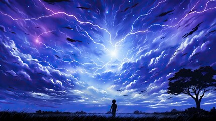 The silhouette of a boy in the field looking at the thunder in the sky. Digital concept, illustration painting.
