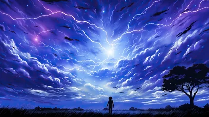 Photo sur Plexiglas Bleu foncé The silhouette of a boy in the field looking at the thunder in the sky. Digital concept, illustration painting.