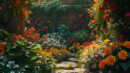 Fototapeta na wymiar A magical pathway through a blooming garden, bathed in sunlight, with vibrant flowers and lush foliage creating a serene ambiance.