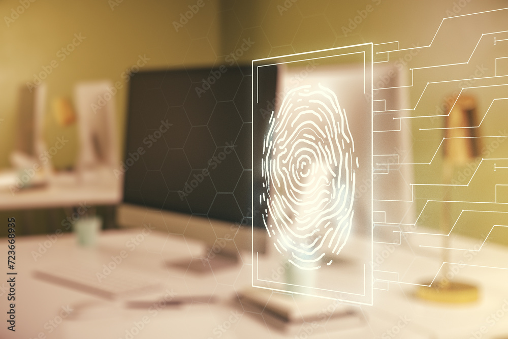 Poster double exposure of abstract creative fingerprint hologram on computer background, protection of pers
