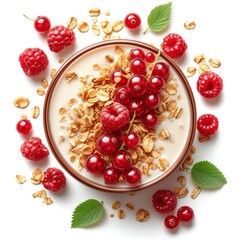 Wheat Flakes Porridge Milk Raspberry Currant On White Background, Illustrations Images