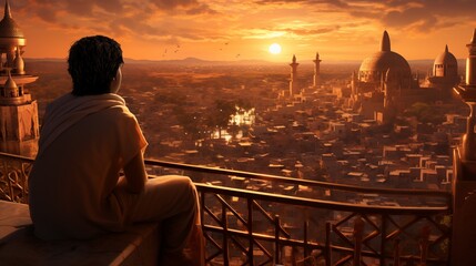 the man sits on a ledge overlooking a city as the sun goes down. Digital concept, illustration painting. - obrazy, fototapety, plakaty
