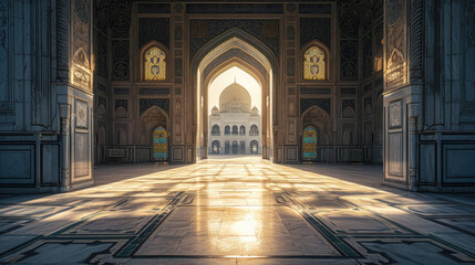Sunlight casts shadows on the interior of the mosque with its ornate architecture