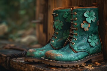 Green Leather Boots with Shamrocks: A St. Patrick's Day Must-Have Generative AI - obrazy, fototapety, plakaty