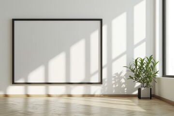 a blank white poster mockup frame with dark border in a modern and bright interior space - Powered by Adobe