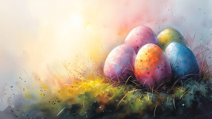 Easter's charm  a serene sunrise, playful bunny, or intricate still life. Adorned with pastels, blossoms, and eggs, it captures the essence of family, tradition, and spring's beauty,  generative AI - obrazy, fototapety, plakaty