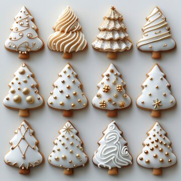 White Cake Cookies Shape Christmas Trees On White Background, Illustrations Images