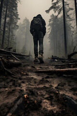 Obraz premium Amidst the misty winter woods, a lone hiker treks through the forest, their sturdy boots crunching on the ground beneath the towering trees