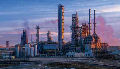 A modern, large polymer factory in Poland lit by the rising sun
