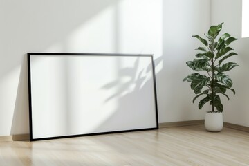a blank white poster mockup frame with dark border in a modern and bright interior space