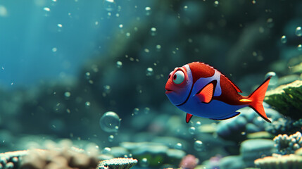 Fototapeta na wymiar Tropical Clown fish in the aquarium or in the sea. Underwater world. 3d render. Computer digital drawing.