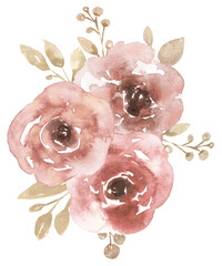 Watercolor pink peony flowrs bouquet illustration, delicate roses arrangement clipart