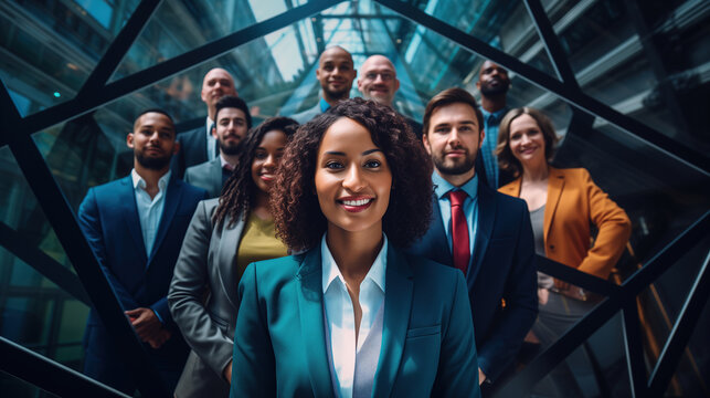 A diverse group of well-dressed individuals stand united, their smiling faces and poised poses conveying a sense of confidence and camaraderie