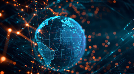 Obraz premium Illustration of global network connections and communication technology for internet business and telecommunication, featuring earth connector, earth map, and a 3D globe with an electronic network.