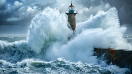 Big stormy waves crashing on the breakwater with lighthouse in background.  - obrazy, fototapety, plakaty