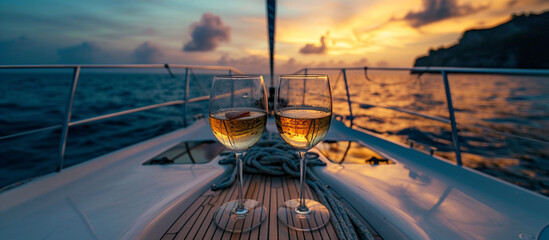 couple glass of champagne on a yacht. over the sea. luxury vacation.