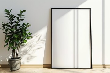 a blank white poster mockup frame with dark border in a modern and bright interior space