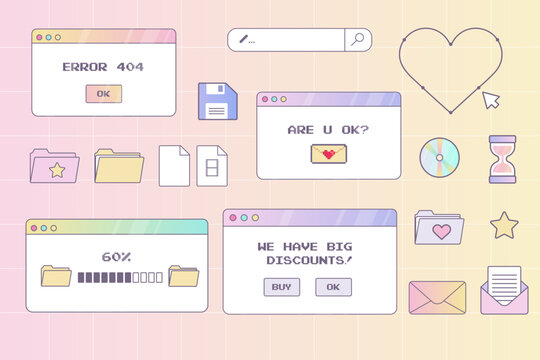 y2k interface, Icon,  browser computer window set pastel Retrowave pc desktop with message boxes and popup user interface elements ux ui