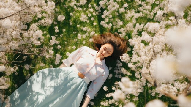 Spring time travel, beautiful woman laying down on under booming cheery blossom flowers in spring time, Japan travel, AI generated, copy space for text