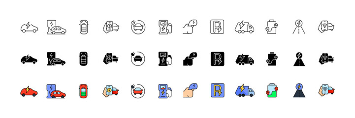 Electric charge collection. Electric car charging icons. Linear, silhouette and flat style. Vector icons