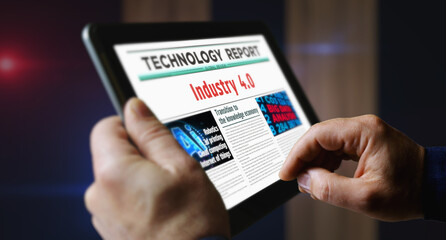 Industry 4.0 newspaper on mobile tablet screen