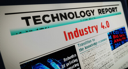 Obraz premium Industry 4.0 newspaper on mobile tablet screen