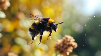 Close-Up of a Bumblebee in Flight Among Yellow Flowers, Pollen Particles in the Air, Bright Sunny Day