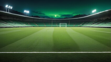 Soccer field with bright green, freshly cut wet grass. generative AI - obrazy, fototapety, plakaty