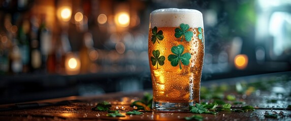 Naklejka premium St. Patrick's Day Celebration: A Glass of Beer with Shamrocks Generative AI