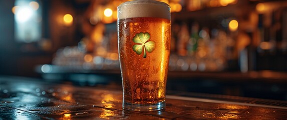 Fototapeta premium St. Patrick's Day Celebration: A Glass of Beer with a Shamrock Generative AI
